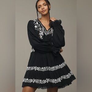 By Anthropologie Long-Sleeve Embroidered Pintuck Swing Mini Dress Size Large